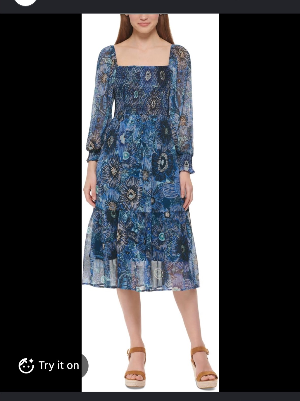 Nwt Vince Camuto Blue Floral Long Sleeve Smocked Midi Dress